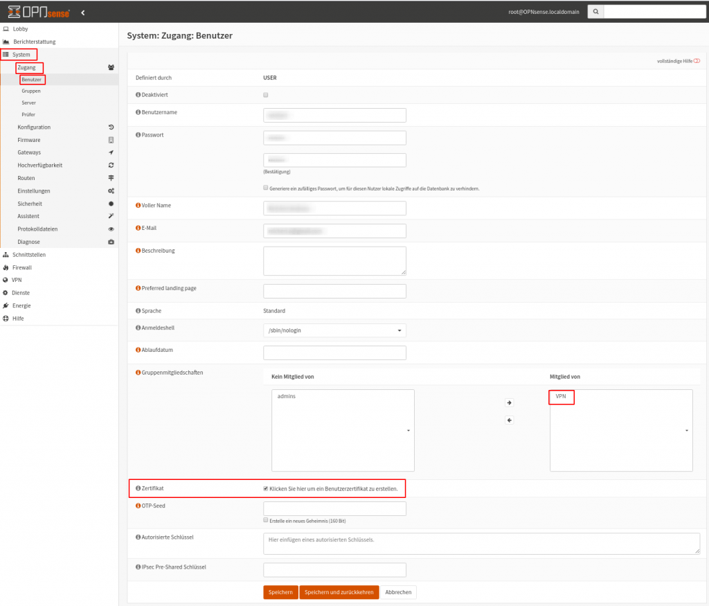 OPNsense OpenVPN: VPN Benutzer anlegen 