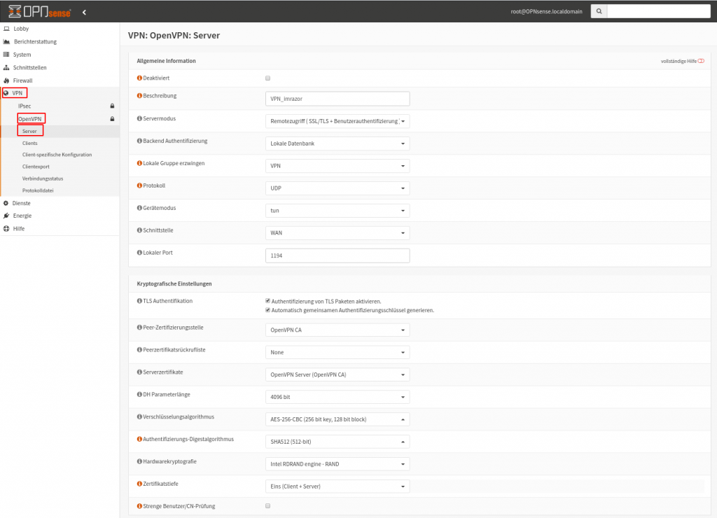 OPNsense OpenVPN: OpenVPN Server anlegen