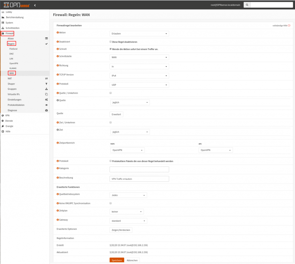 OPNsense OpenVPN: Firewall-Regeln anlegen