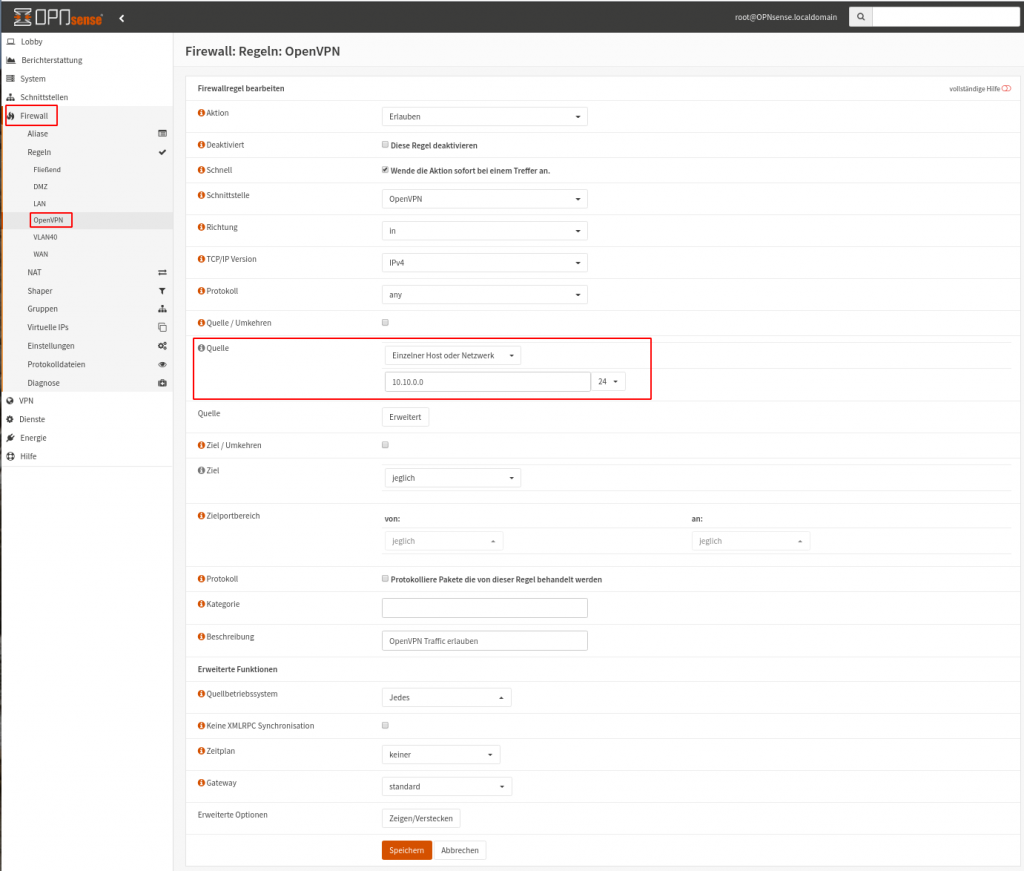 OPNsense OpenVPN: Firewall-Regeln anlegen