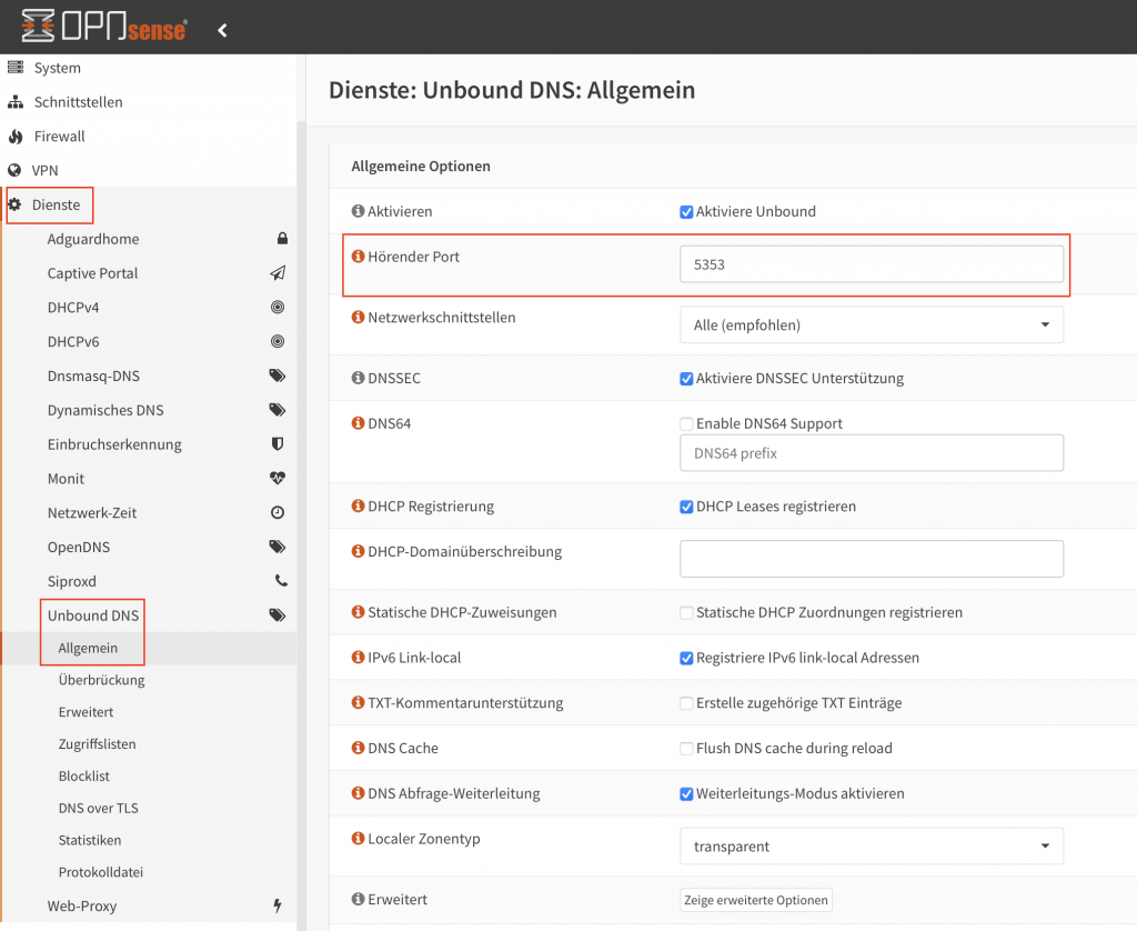 OPNsense - Unbound DNS hörender Port anpassen