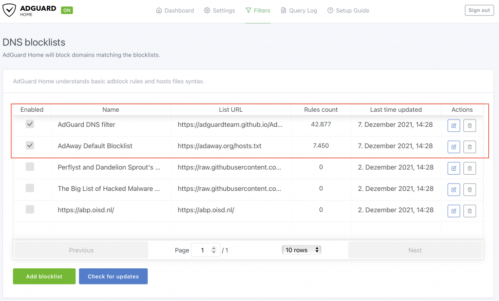 AdGuardHome - Filterlisten