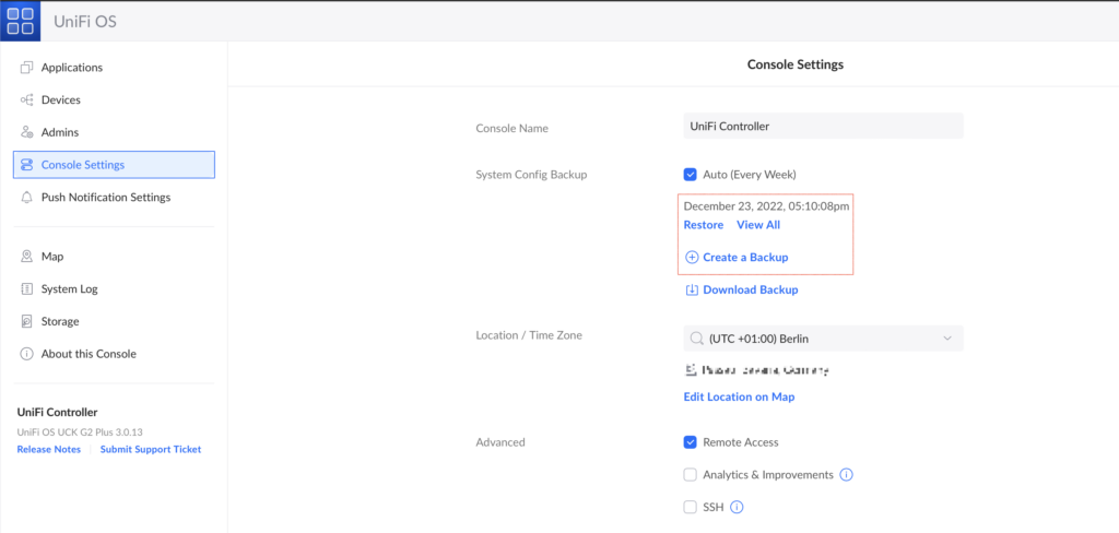 UniFi Console: Rückspielen des Backups