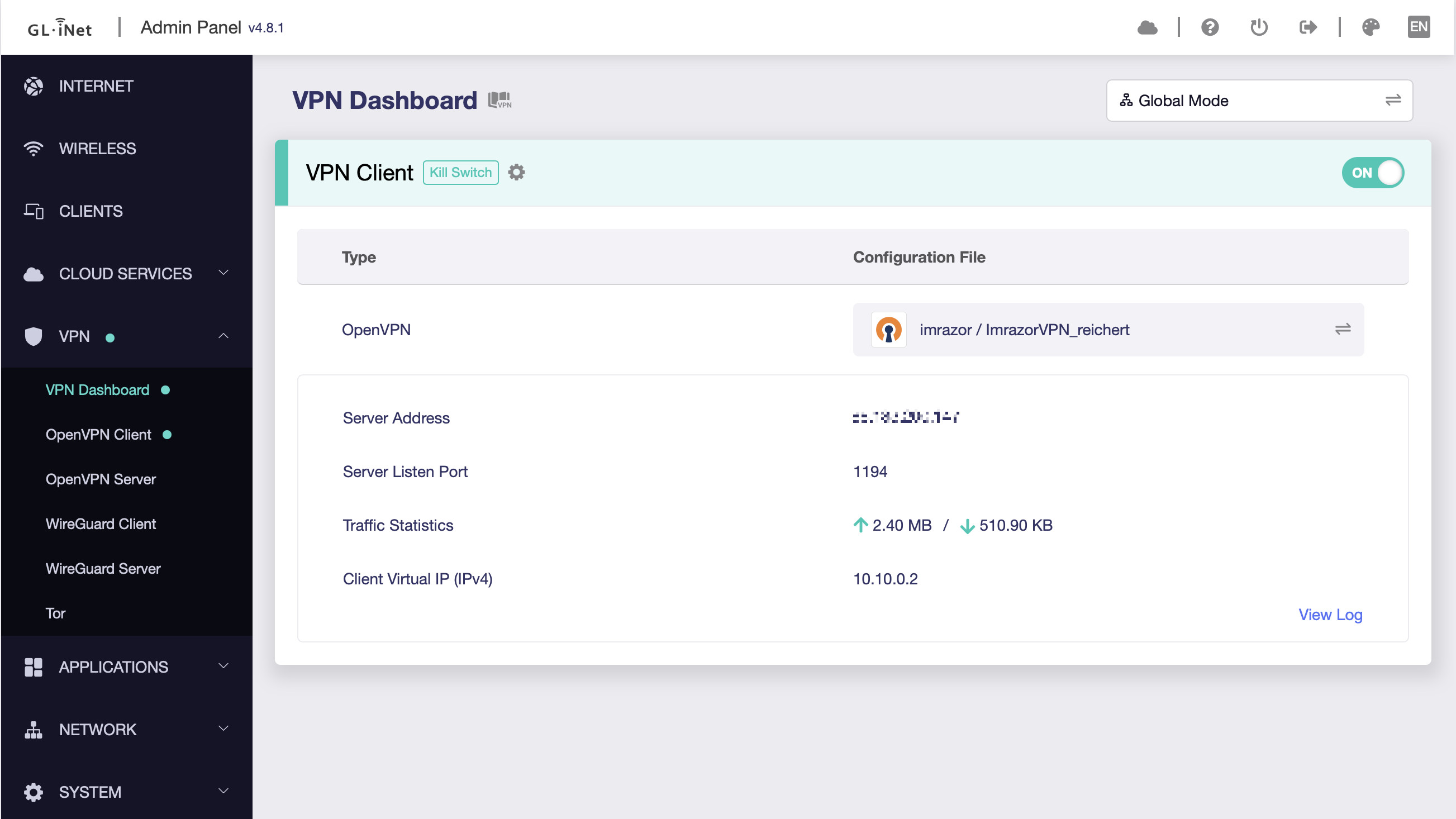 VPN Dashboard des GL.iNet BerylAX (GL-MT3000)
