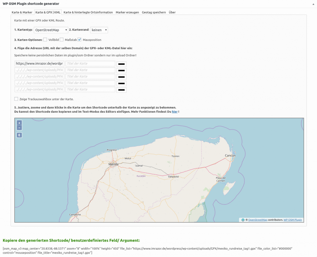 OSM WordPress Plugin: Kartenshortcut generieren.