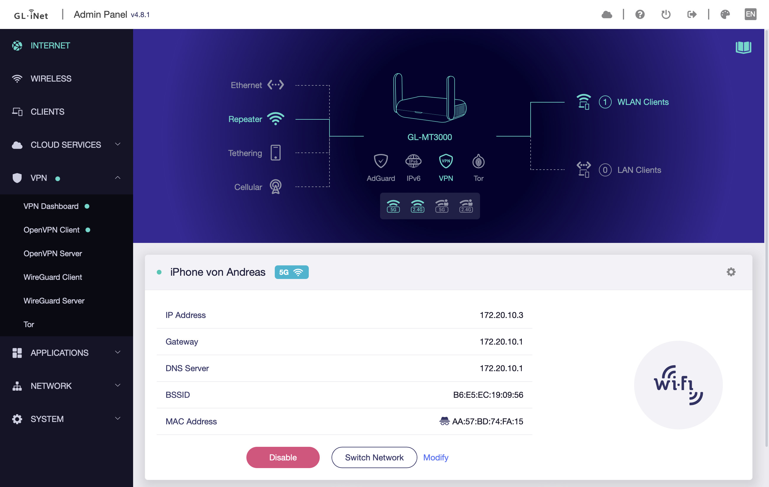 Ansicht des Hauptmenüs des GL.iNet BerylAX (GL-MT3000)